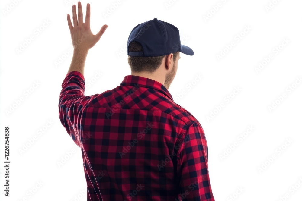 A person wearing a red and black shirt and a blue hat, outdoor setting A person wearing a red and black shirt and a blue hat, outdoor setting