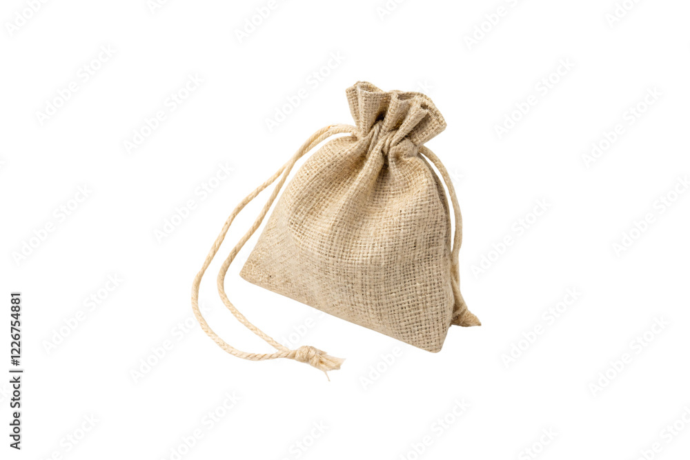 A side perspective of the burlap pouch, highlighting its robust structure and rustic aesthetic with soft, tied strings, isolated on a transparent background A side perspective of the burlap pouch, highlighting its robust structure and rustic aesthetic with soft, tied strings, isolated on a transparent background