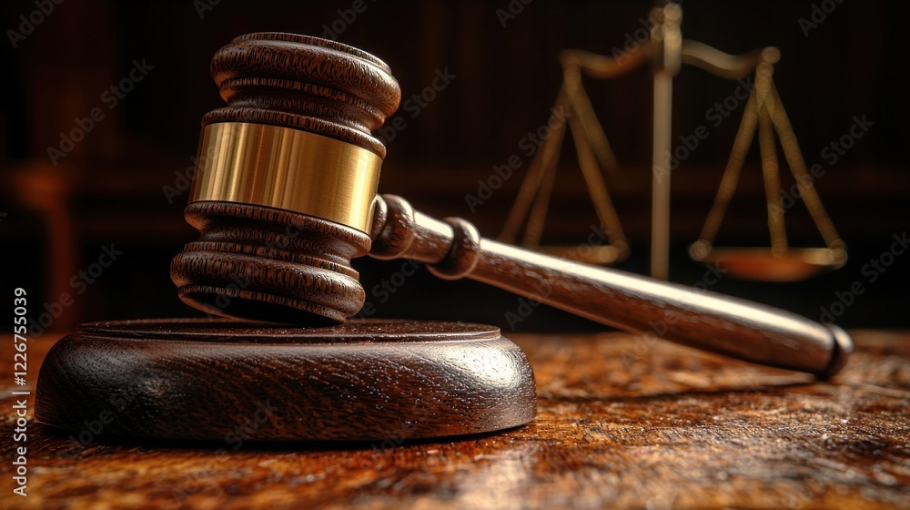 Gavel on Wooden Desk with Scales of Justice in Background Gavel on Wooden Desk with Scales of Justice in Background