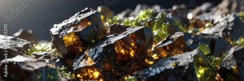 low-angle shot of pallasite meteorite with olivine crystals and shadow effects , cosmic debris, asteroid material