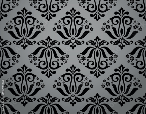 Wallpaper in the style of Baroque. Seamless vector background. Gray and black floral ornament. Graphic pattern for fabric, wallpaper, packaging. Ornate Damask flower ornament.