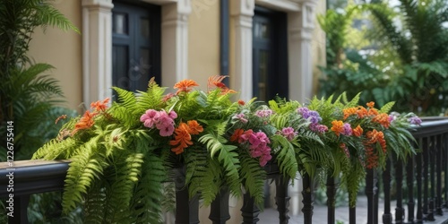 Wallpaper Mural Lush balcony with colorful flowers and a lush fern on the railing, fern on railing, colorful flowers Torontodigital.ca
