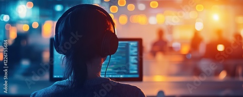 Female asian adult programmer wearing headphones coding in dimly lit tech workspace