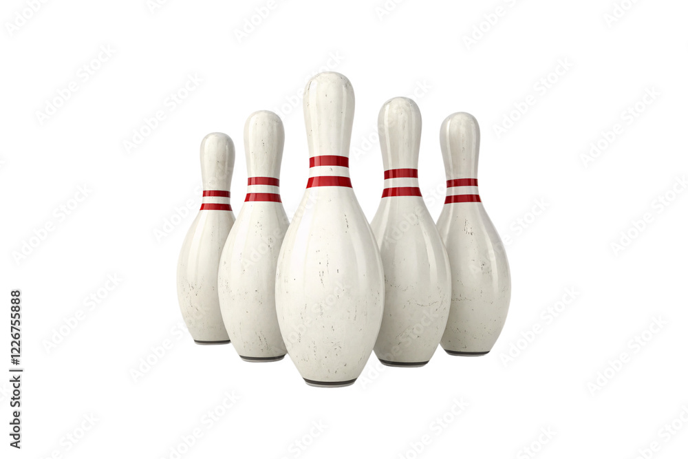 Five slightly weathered bowling pins arranged in a triangular formation, their red stripes and textured surfaces hinting at nostalgic bowling alley charm, isolated on a transparent background Five slightly weathered bowling pins arranged in a triangular formation, their red stripes and textured surfaces hinting at nostalgic bowling alley charm, isolated on a transparent background