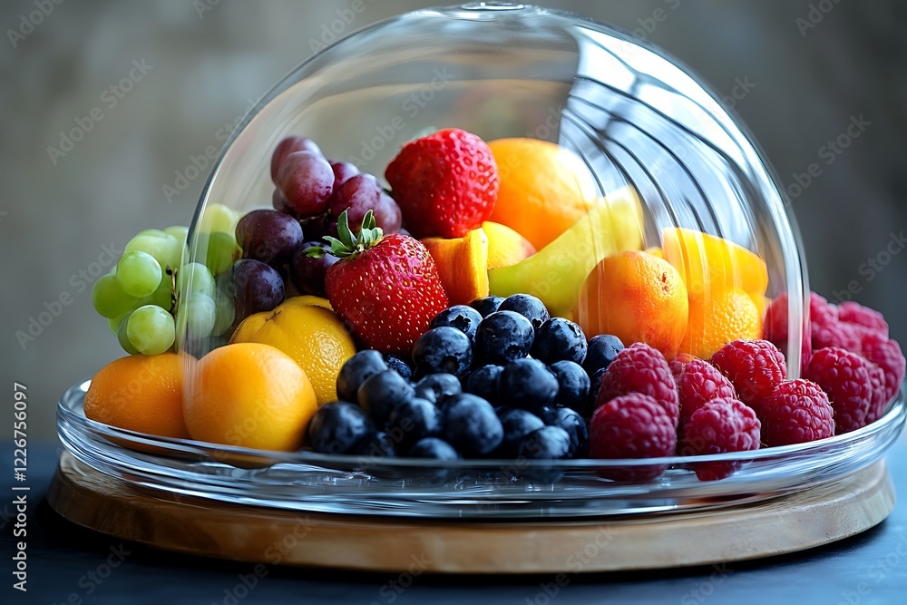 A striking presentation of assorted fruits arranged in a glass dome, highlighting the freshness and allure within a light-infused atmosphere. A striking presentation of assorted fruits arranged in a glass dome, highlighting the freshness and allure within a light-infused atmosphere.