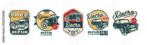 Classic Retro Car Repair and Garage Badge Vector Set