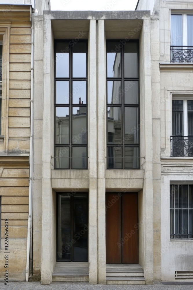 Modern architectural design showcasing glass and concrete facade in an urban setting with adjacent traditional buildings during overcast weather Modern architectural design showcasing glass and concrete facade in an urban setting with adjacent traditional buildings during overcast weather