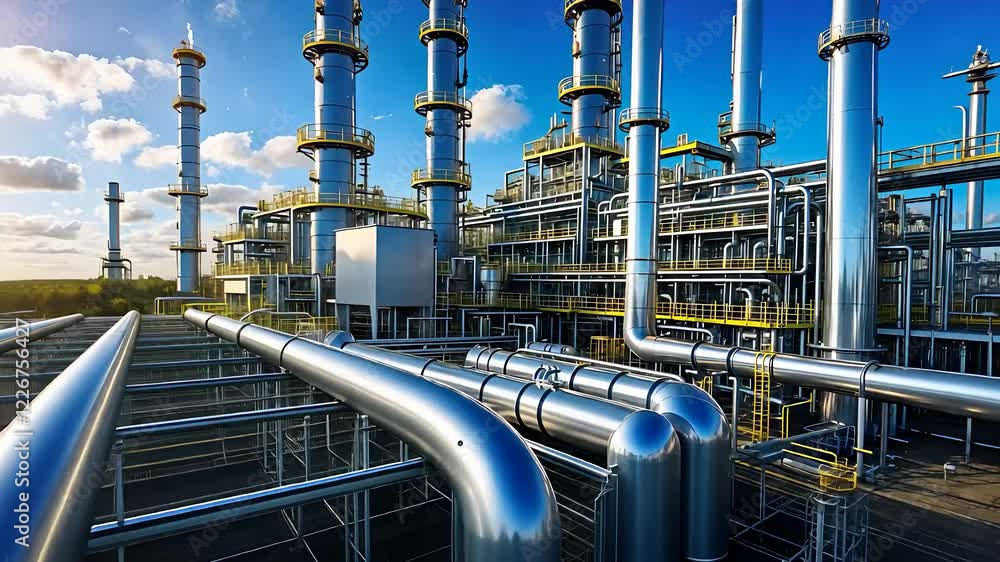 Modern Industrial Oil Refinery with Shiny Metal Pipelines, Tall Towers, and Blue Sky in a Petrochemical Processing Plant
Modern Industrial Oil Refinery with Shiny Metal Pipelines, Tall Towers, and Blue Sky in a Petrochemical Processing Plant