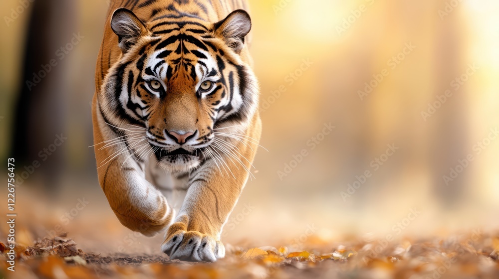 Fototapeta premium Majestic bengal tiger striding through autumn forest