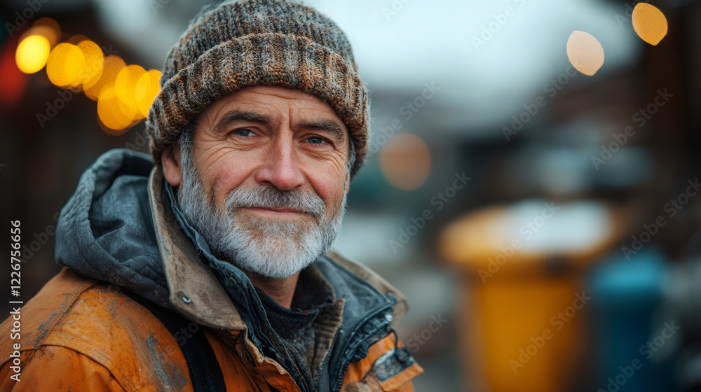 Weathered fisherman smiling in rustic harbor setting Weathered fisherman smiling in rustic harbor setting