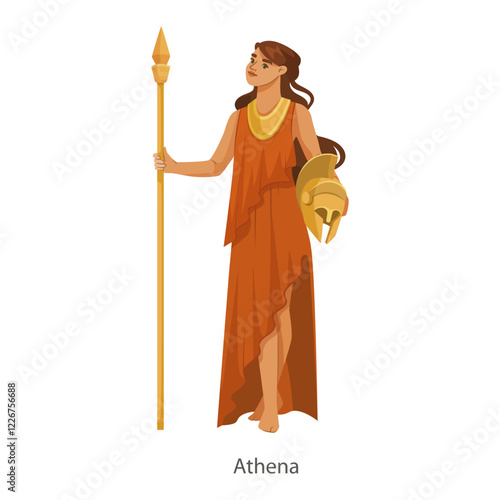 Illustration of Athena, Greek goddess in orange dress holding a spear and golden helmet on white background. Concept of mythology. Vector illustration.