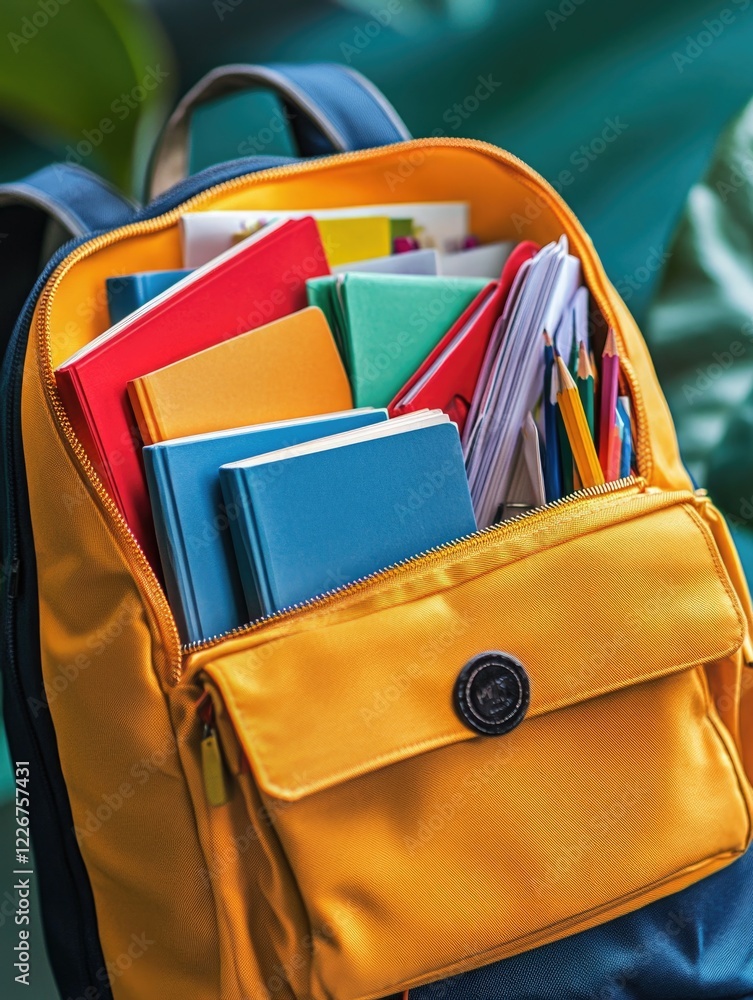 A backpack brimming with a variety of colorful school supplies, indicating an organized and well-prepared student for their educational journey. A backpack brimming with a variety of colorful school supplies, indicating an organized and well-prepared student for their educational journey.