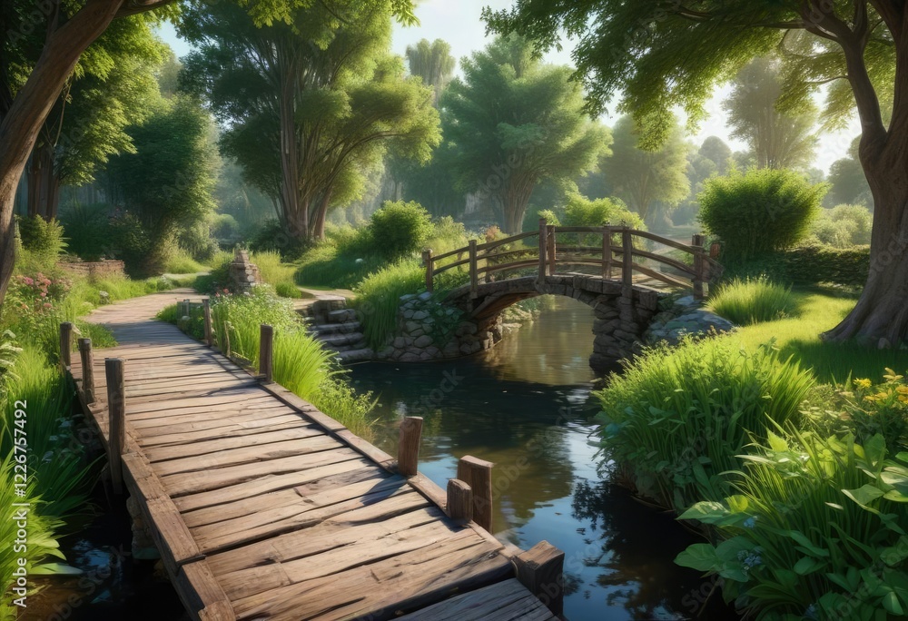 Medieval moat with a small wooden bridge and lush greenery, castle surroundings, peaceful atmosphere Medieval moat with a small wooden bridge and lush greenery, castle surroundings, peaceful atmosphere