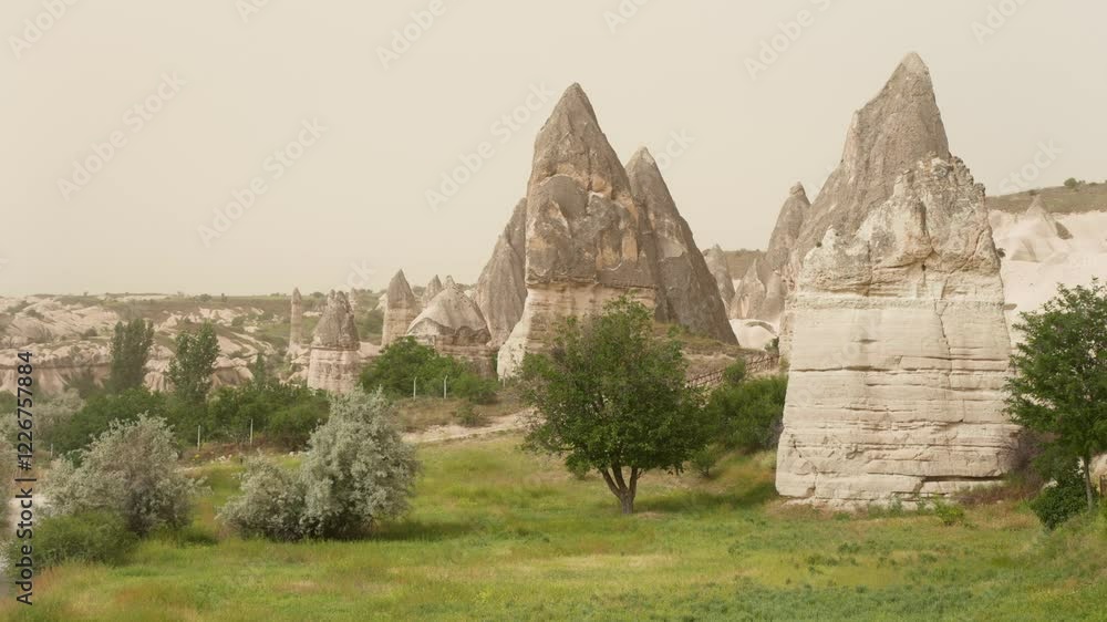 Breathtaking rock formations rise from a verdant landscape under a hazy sky. The unique geological wonders of Cappadocia, Turkey. Sandstorm, dusty day. Goreme National Park. Asia travel. Panning shot Breathtaking rock formations rise from a verdant landscape under a hazy sky. The unique geological wonders of Cappadocia, Turkey. Sandstorm, dusty day. Goreme National Park. Asia travel. Panning shot