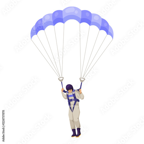Skydiver wearing a helmet and parachute harness, descending with an open parachute. White background. Concept of adventure and skydiving. Vector illustration