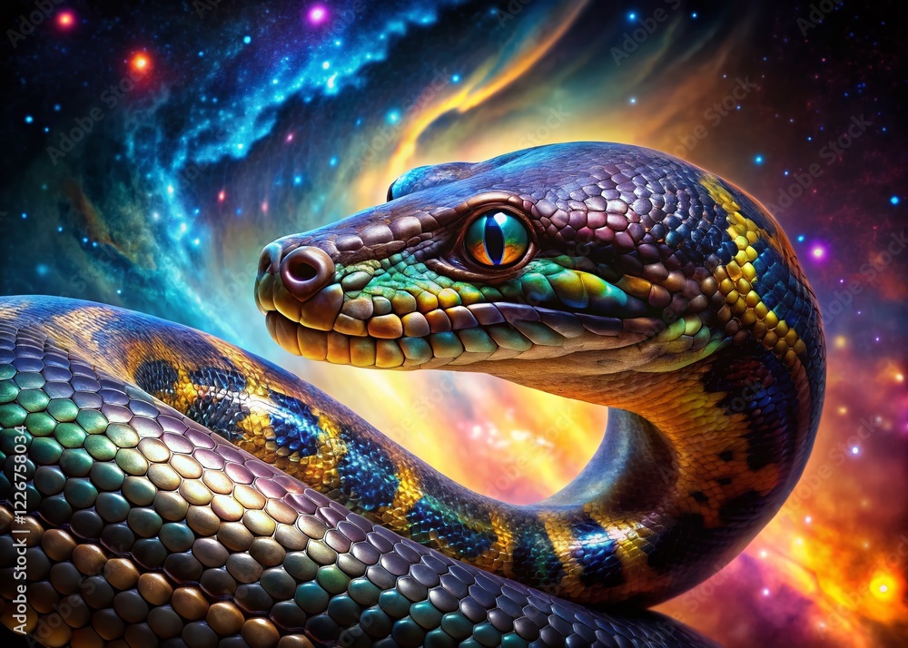 Fototapeta premium Fantasy Anaconda Portrait Galaxy, Monster Serpent, Cosmic Portrait, Alien Serpent