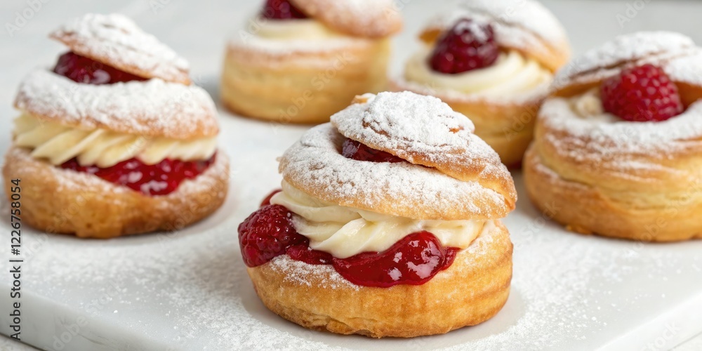Miniature croissant pastry puffs filled with juicy raspberry preserves and topped with a light dusting of powdered sugar, raspberry preserves, sweet treats Miniature croissant pastry puffs filled with juicy raspberry preserves and topped with a light dusting of powdered sugar, raspberry preserves, sweet treats