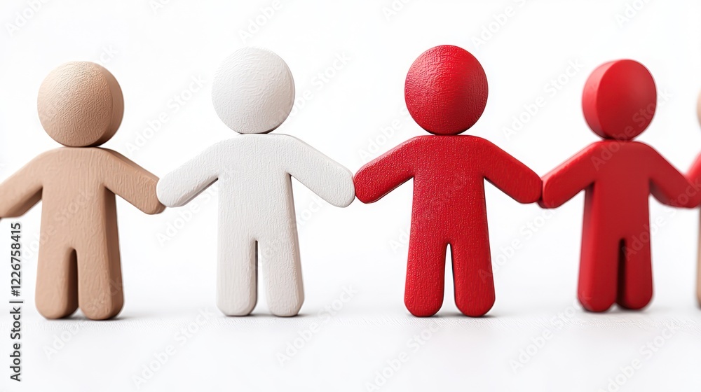 Colorful figurines holding hands, symbolizing unity and diversity in a minimalist setting. Colorful figurines holding hands, symbolizing unity and diversity in a minimalist setting.