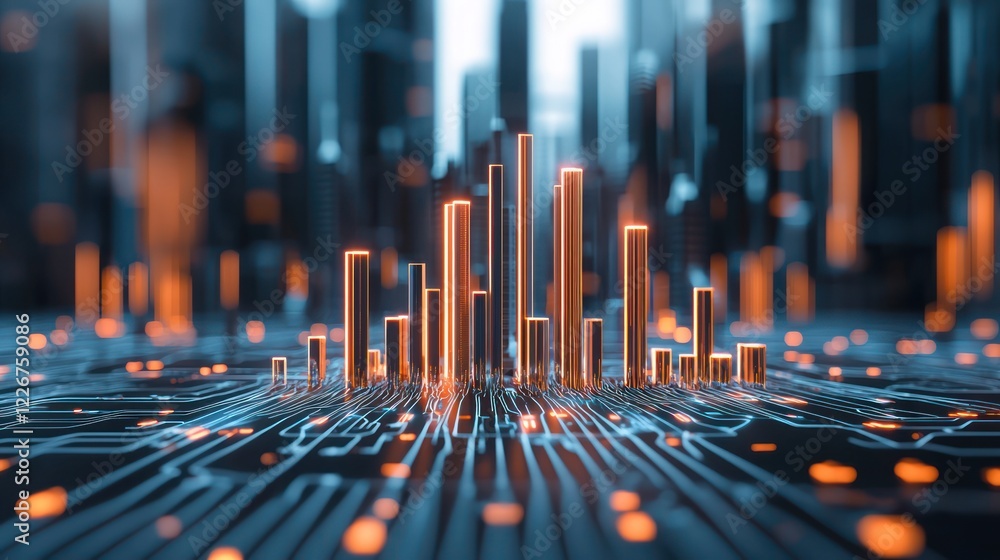 A futuristic digital landscape featuring glowing vertical bars and circuit patterns, symbolizing data visualization and technological advancement. A futuristic digital landscape featuring glowing vertical bars and circuit patterns, symbolizing data visualization and technological advancement.