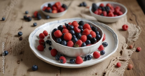 Wallpaper Mural Mixed berry bowl placed on a vintage-inspired ceramic plate on a rustic tablecloth, plate, tablecloth Torontodigital.ca