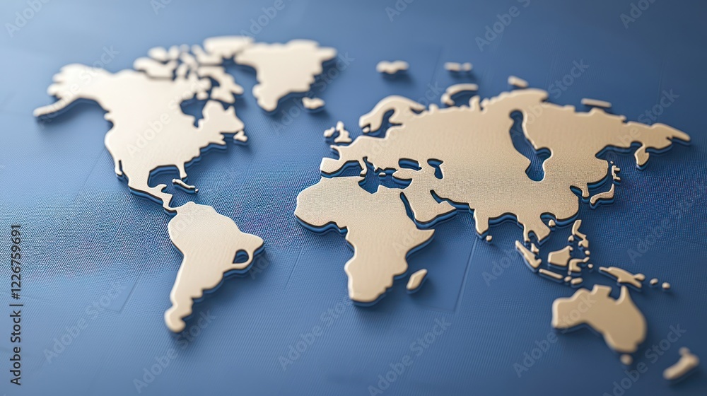A close-up view of a gold-toned world map on a textured blue background, emphasizing global geography and connectivity. A close-up view of a gold-toned world map on a textured blue background, emphasizing global geography and connectivity.