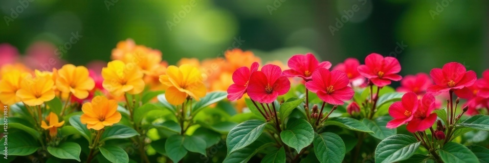 Row of Impatiens walleriana in a garden landscape, greenery, landscape, impatiens Row of Impatiens walleriana in a garden landscape, greenery, landscape, impatiens