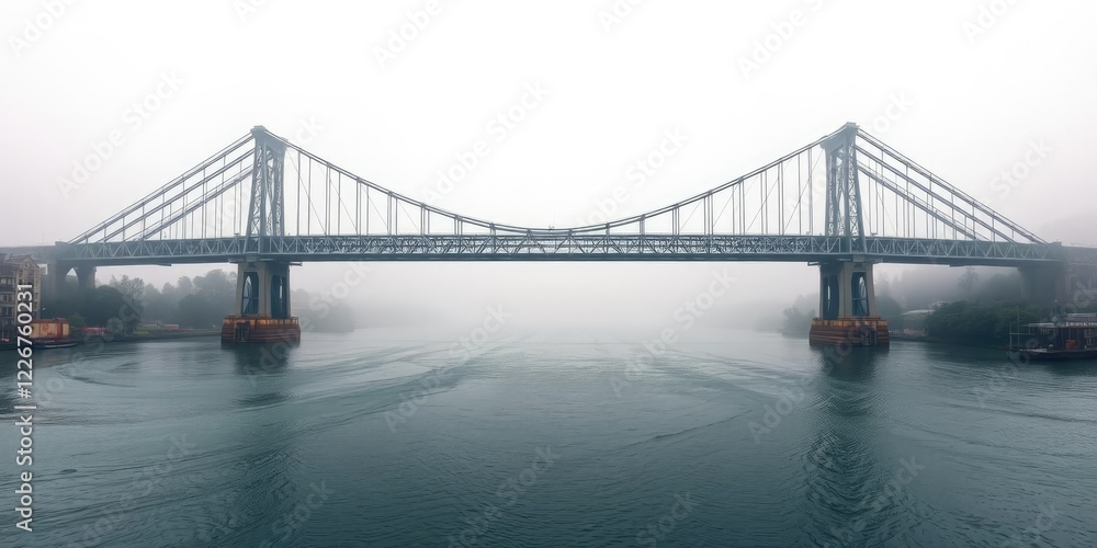 Obraz premium Modern steel bridge spanning over a majestic river with misty foggy atmosphere, foggy conditions, river span