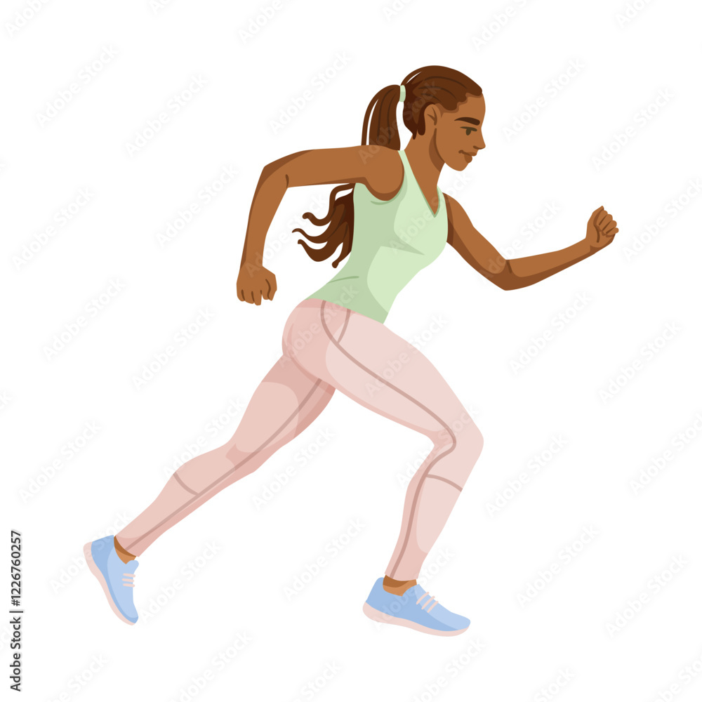 Woman jogging in athletic outfit, dynamic pose, white background. Concept of fitness, exercise, and healthy lifestyle. Vector illustration Woman jogging in athletic outfit, dynamic pose, white background. Concept of fitness, exercise, and healthy lifestyle. Vector illustration