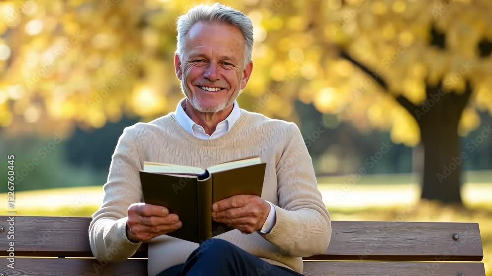 A man is sitting on a bench with a book in his hand. He is smiling and he is enjoying his time reading. The scene suggests a peaceful and relaxing atmosphere A man is sitting on a bench with a book in his hand. He is smiling and he is enjoying his time reading. The scene suggests a peaceful and relaxing atmosphere