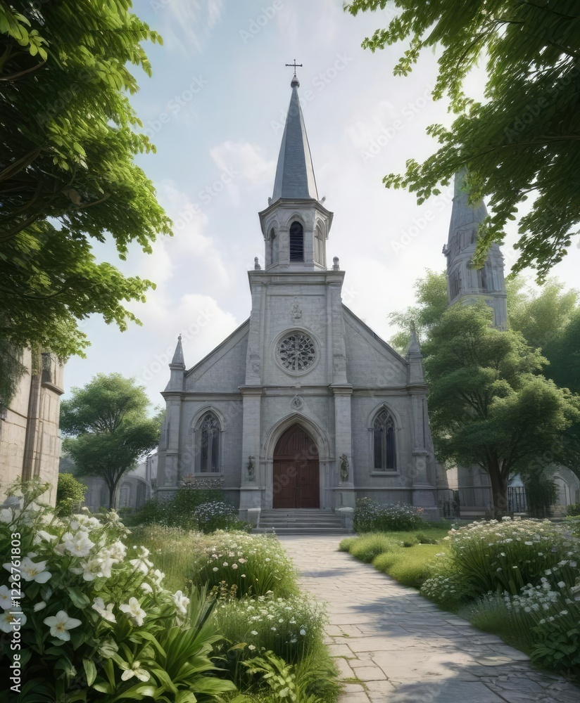 Naklejka premium Muted grey church architecture with lush green foliage and blooming flowers in the foreground, greenery, foliage