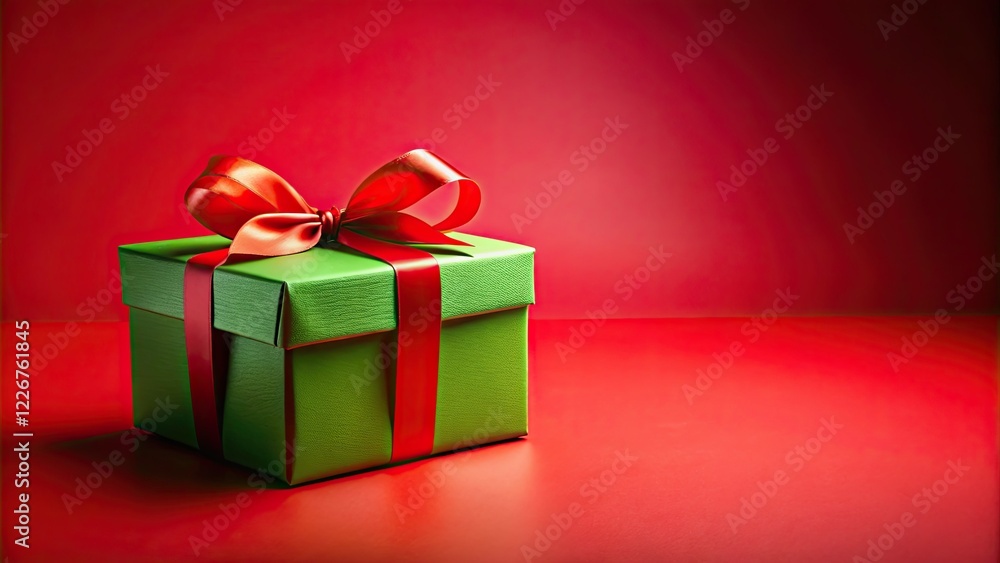 Festive Green Gift Box, Red Ribbon, Red Background, Copy Space Festive Green Gift Box, Red Ribbon, Red Background, Copy Space