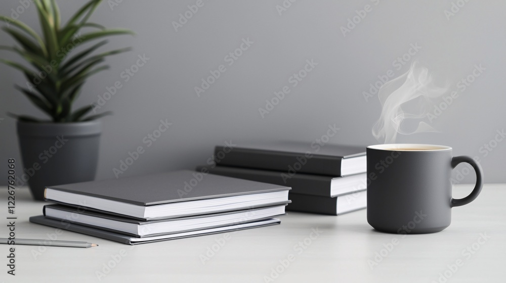 Fototapeta premium A professional reviewing financial goals in a stylish workspace, surrounded by folders and a steaming coffee mug.