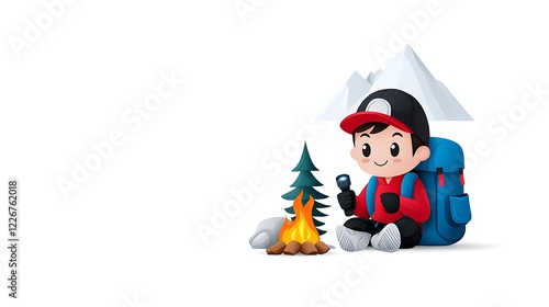 Wallpaper Mural Cartoon boy hiker sits by campfire, mountains background. Torontodigital.ca