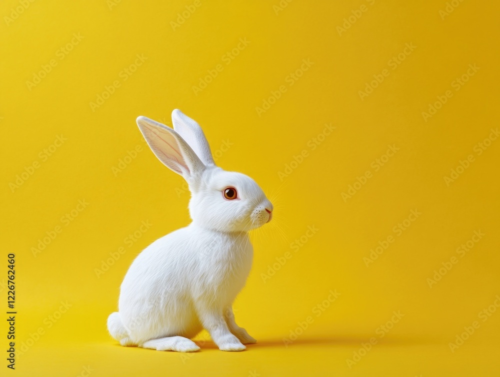 Obraz premium A white rabbit is sitting on a yellow background. The rabbit is looking at the camera with its ears up. The scene is peaceful and calm, with the rabbit being the main focus of the image