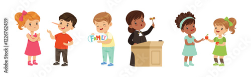 Kind and Fair Little Children with Honest Behavior Vector Set