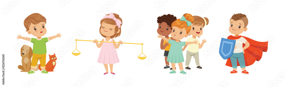 Kind and Fair Little Children with Honest Behavior Vector Set Kind and Fair Little Children with Honest Behavior Vector Set