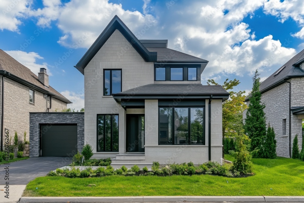 In a picturesque suburban neighborhood, a contemporary home boasts expansive windows and sleek, clean lines set against a backdrop of a vibrant blue sky In a picturesque suburban neighborhood, a contemporary home boasts expansive windows and sleek, clean lines set against a backdrop of a vibrant blue sky