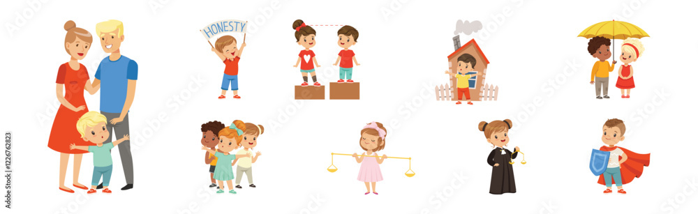 Kind and Fair Little Children with Honest Behavior Vector Set Kind and Fair Little Children with Honest Behavior Vector Set