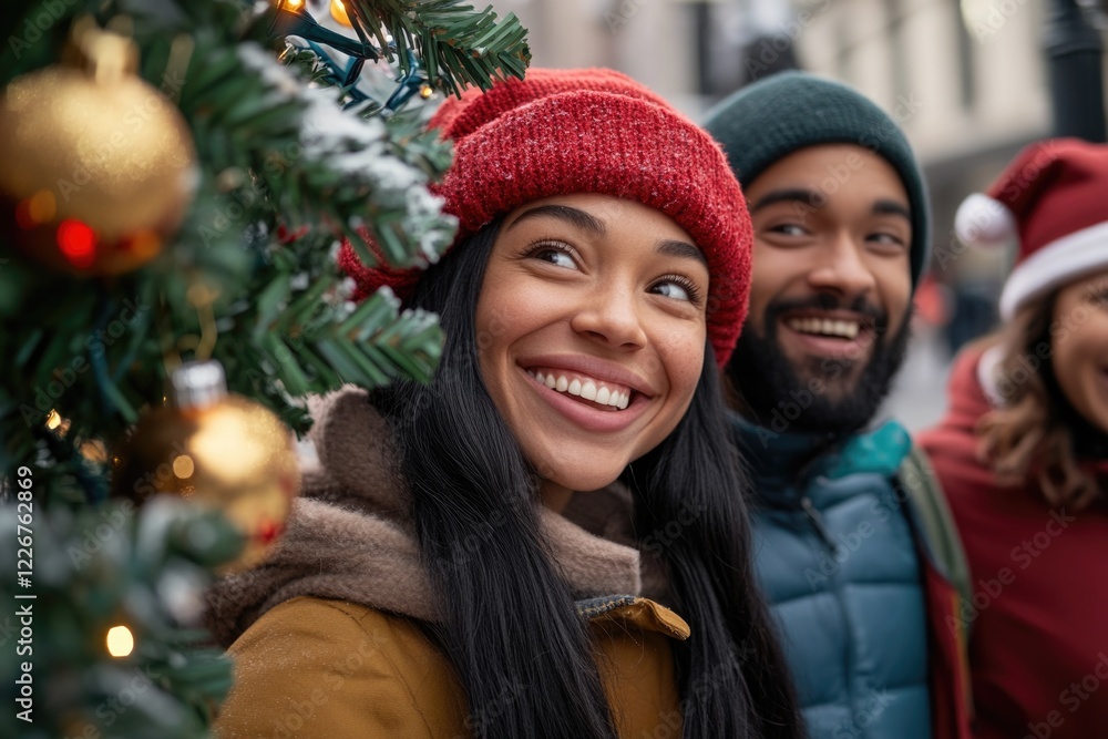 A group of people standing together in front of a decorated Christmas tree, perfect for holiday celebrations or festive events A group of people standing together in front of a decorated Christmas tree, perfect for holiday celebrations or festive events