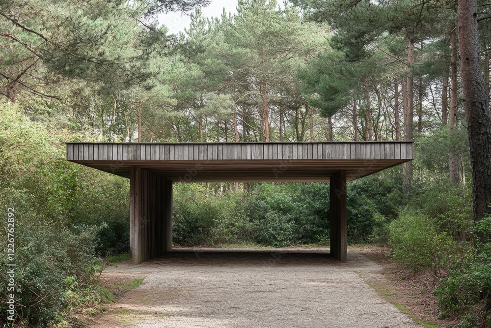 Modern wooden structure blends with nature in a serene forest setting, showcasing minimalist architecture in harmony with the surrounding landscape during daylight Modern wooden structure blends with nature in a serene forest setting, showcasing minimalist architecture in harmony with the surrounding landscape during daylight