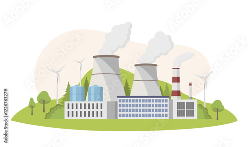 Illustration of an industrial factory with smokestacks emitting smoke, wind turbines, greenery, and hills in the background. Concept of energy. Vector illustration.