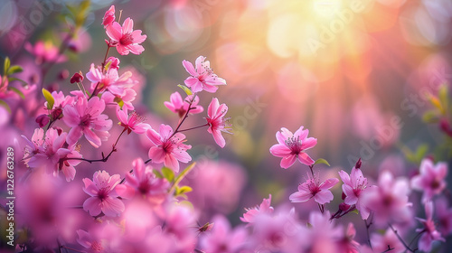 Pink Cherry Blossoms Illuminated by Warm Sunlight..