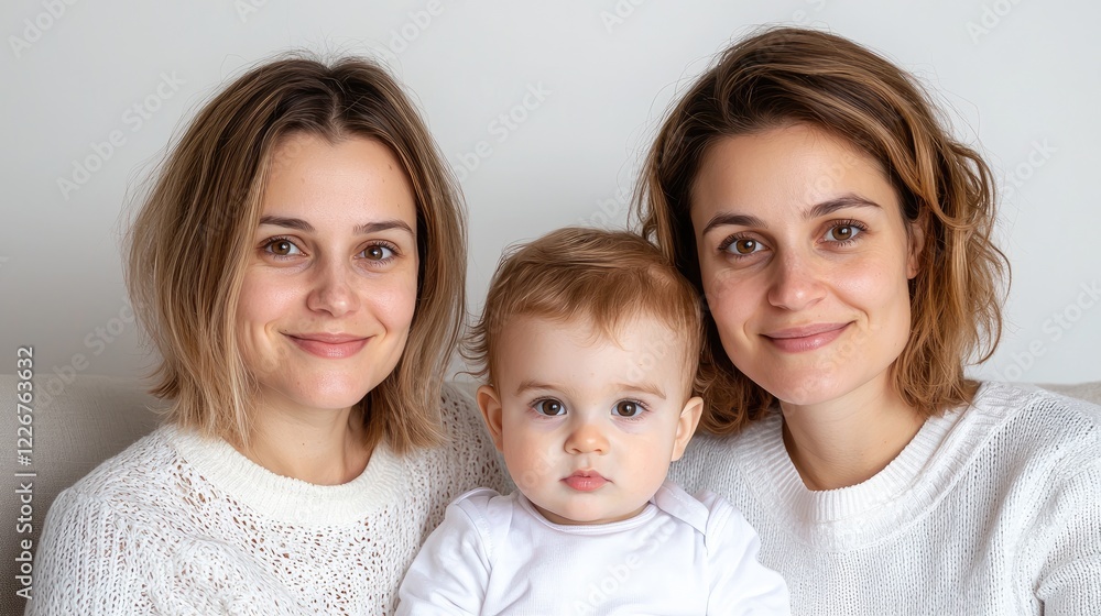 Happy same-sex couple with baby, indoor portrait Happy same-sex couple with baby, indoor portrait