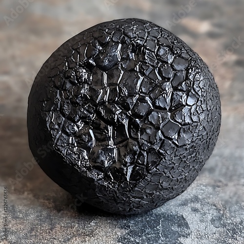  A black, textured object that appears to be a piece of carbonized or burnt material. It has a rough, cracked surface with a spherical shape. photo