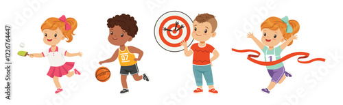 Happy Children Playing Sport and Doing Physical Activity Vector Set