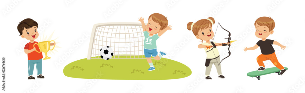 Fototapeta premium Happy Children Playing Sport and Doing Physical Activity Vector Set