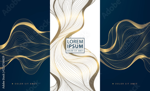 Vector set of line wave luxury patterns, fancy labels, wine package design. Gold on white and blue elegant japanese style graphic, curve ornament