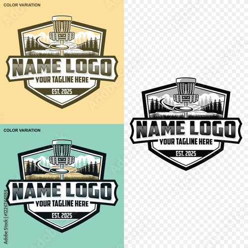 Disc golf logo design. Disc golf course logo. Disc Golf Sports Emblem Patch Logo Poster Label Vector Illustration