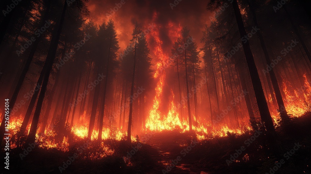 Forest fire inferno raging, smoke-filled woods Forest fire inferno raging, smoke-filled woods