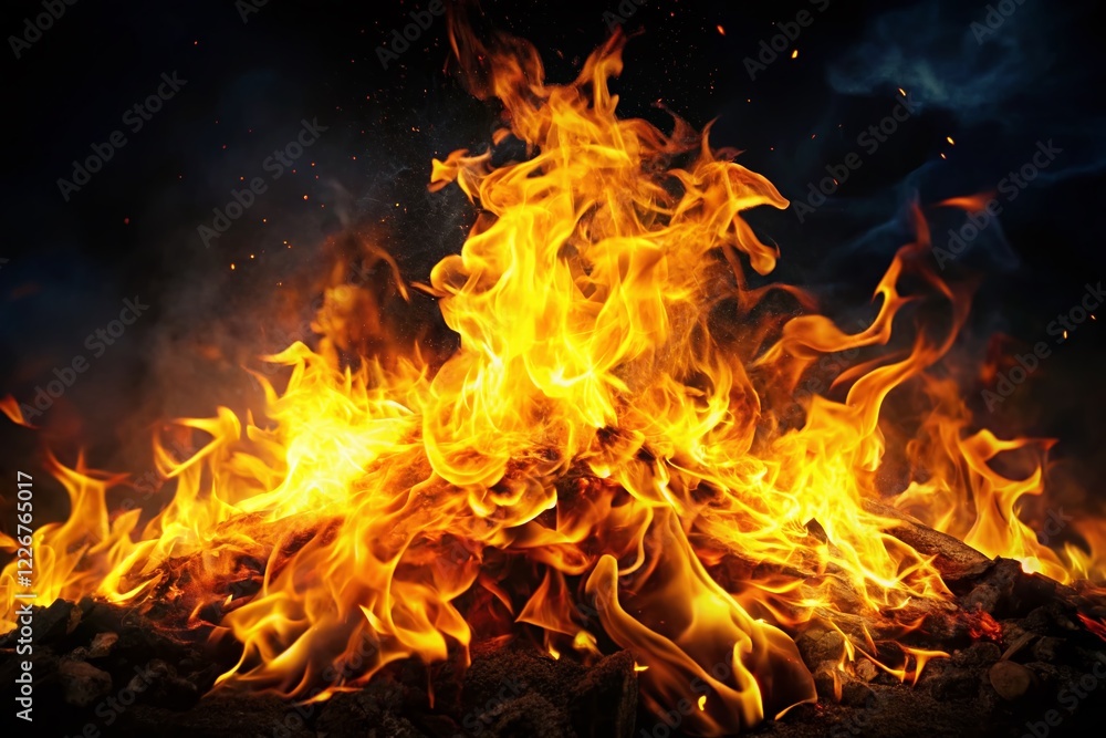 Fiery Night Flames AI Illustration, Dark Background Photography Fiery Night Flames AI Illustration, Dark Background Photography